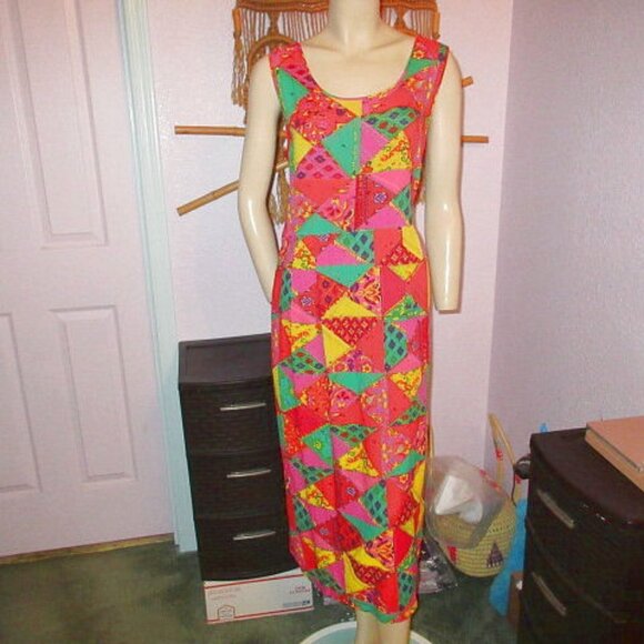 Jams World Dress Size L Midi Pleated Pockets Patchwork Tank Hawaiian Artsy Beach - Picture 1 of 9